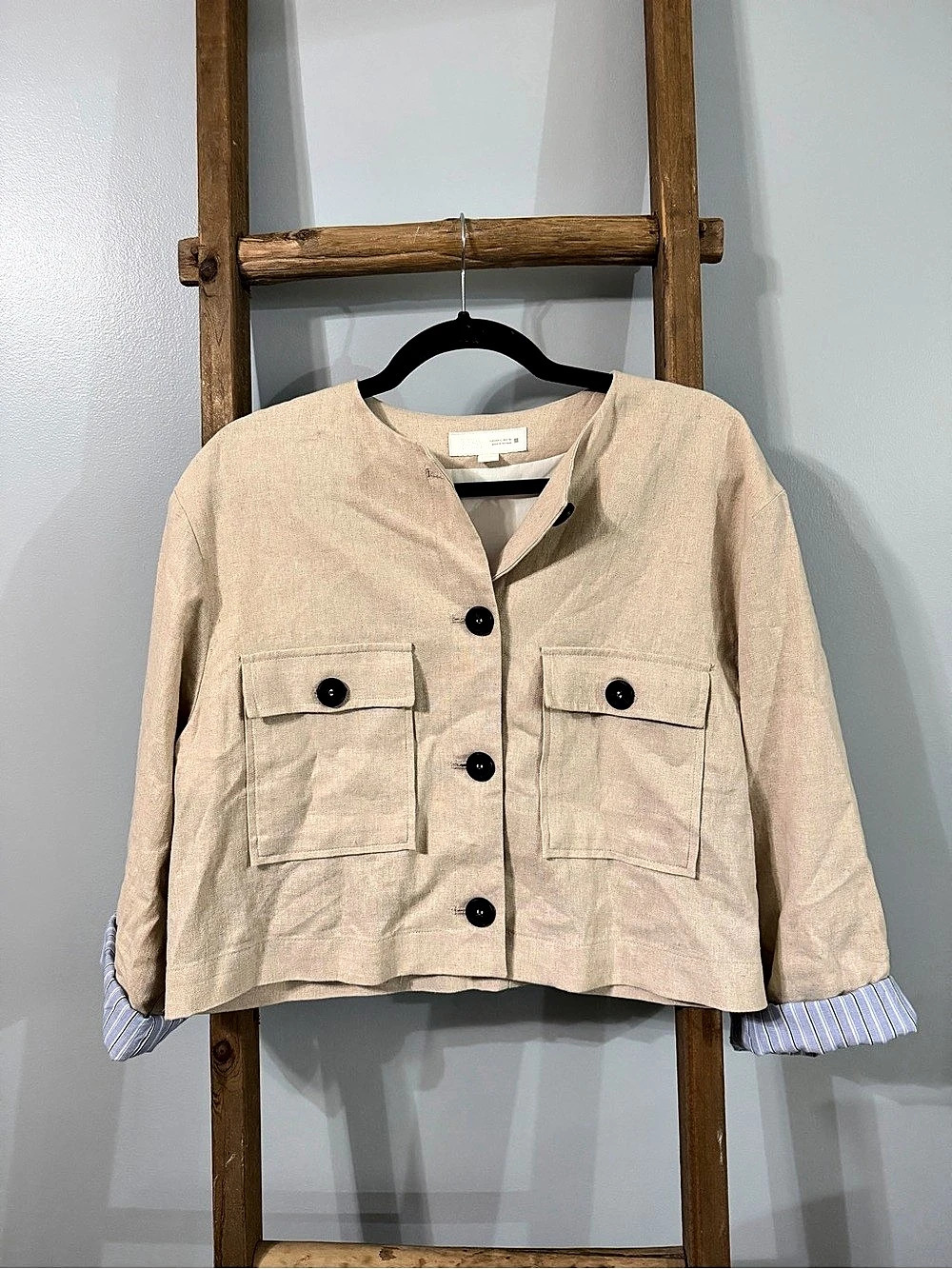 Zara Open Front Striped Linen Blend Jacket Beige & Blue Size L